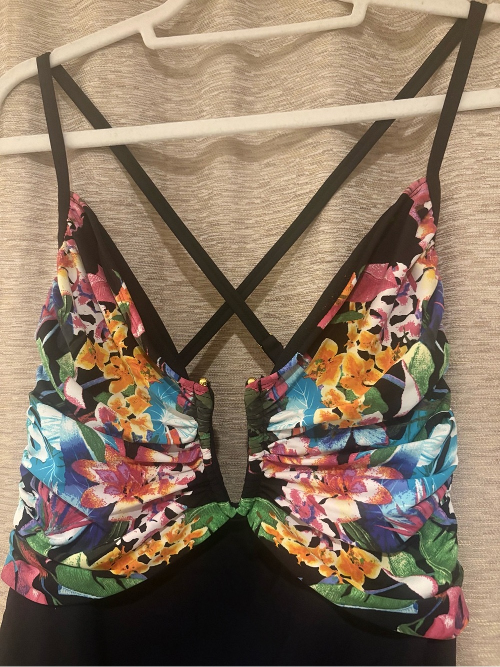 Floral Print Strappy Women's Bodysuit Swimwear - Black Multi